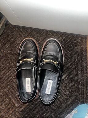 Steve Madden Black Leather Lug Sole Bit Loafers